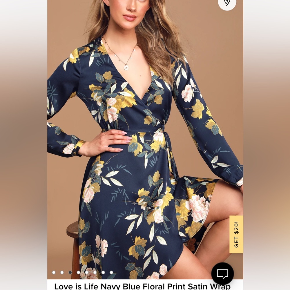 Love is Life Navy Blue Floral Print Satin Wrap Dress